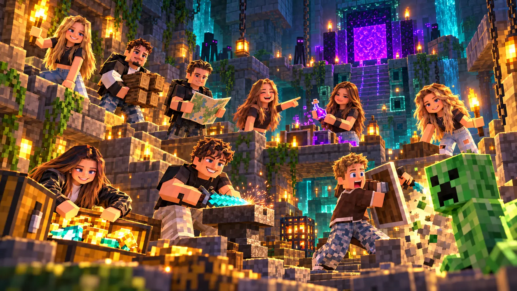Dezelfde vriendengroep ontdekt een gloeiende Minecraft-dungeon vol monsters en schatten