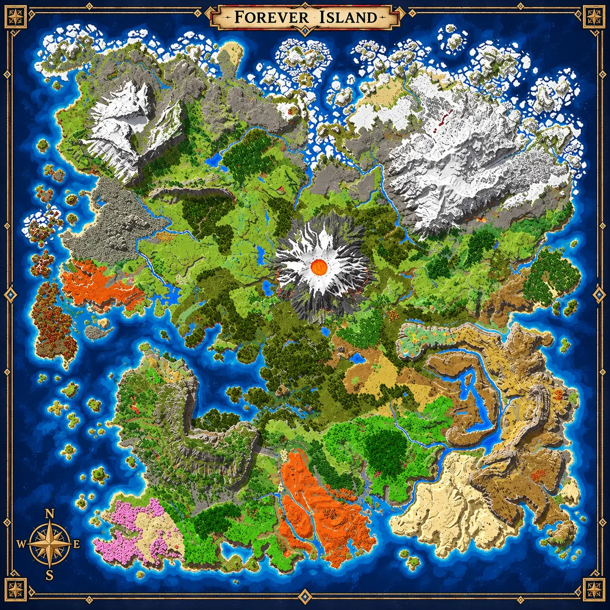 Volledige kaart van Forever Island met centrale vulkaan, sneeuwbergen, bossen, woestijnen en eilanden